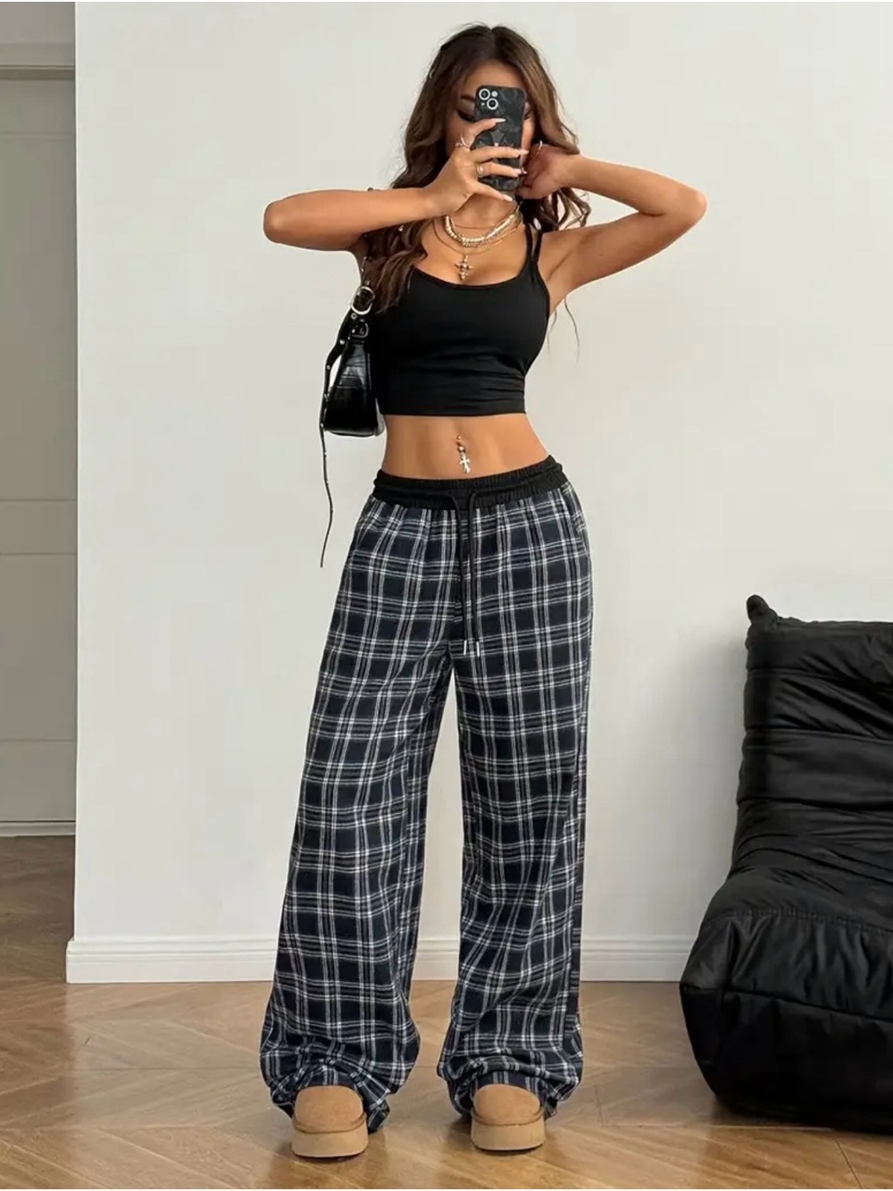 High-Waist Black Plaid Wide-Leg Pants